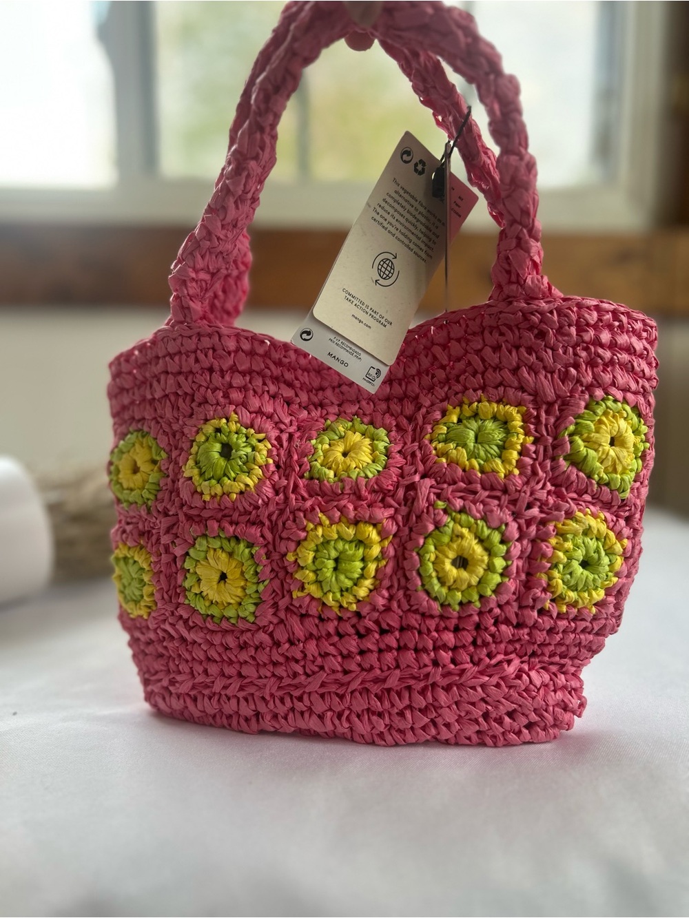 MNG Pink straw paper Tote Bag with Yellow-Green Floral Accents